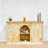 Indian Handmade Carved Solid Hard Wood 2Doors TV Unit Natural